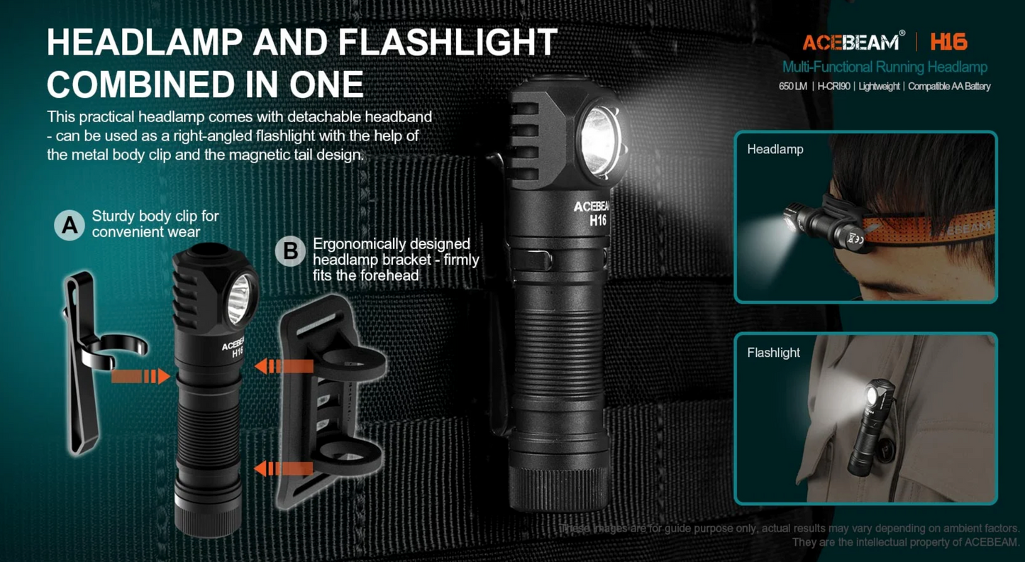 Acebeam H16 Right Angle Flood Headlamp / Flashlight AA / 14500 ( Includes USB-C 14500 Rechargeable Battery )
