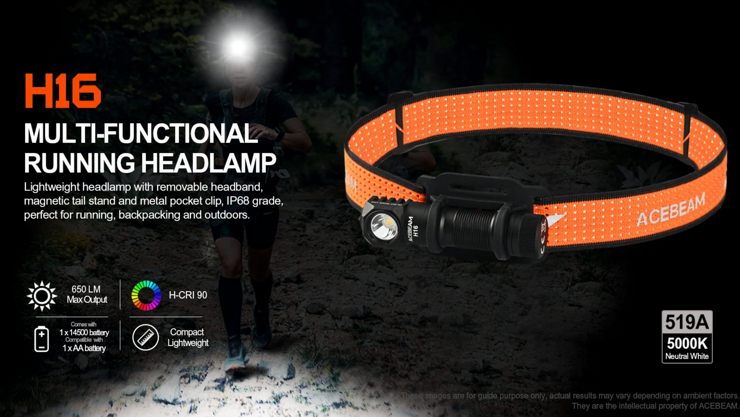 Acebeam H16 Right Angle Flood Headlamp / Flashlight AA / 14500 ( Includes USB-C 14500 Rechargeable Battery )