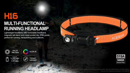 Acebeam H16  Right Angle Flood Headlamp / Flashlight AA / 14500 ( Includes USB-C 14500 Rechargeable Battery )